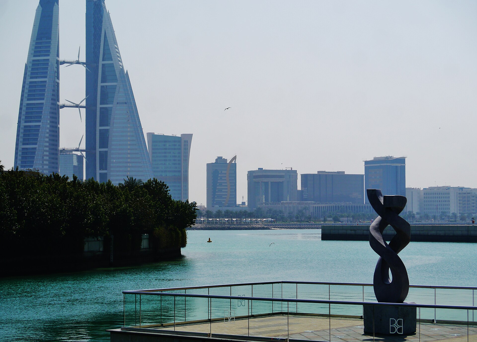 The Bahrain World Trade Center and the Manama skyline across Bahrain Bay